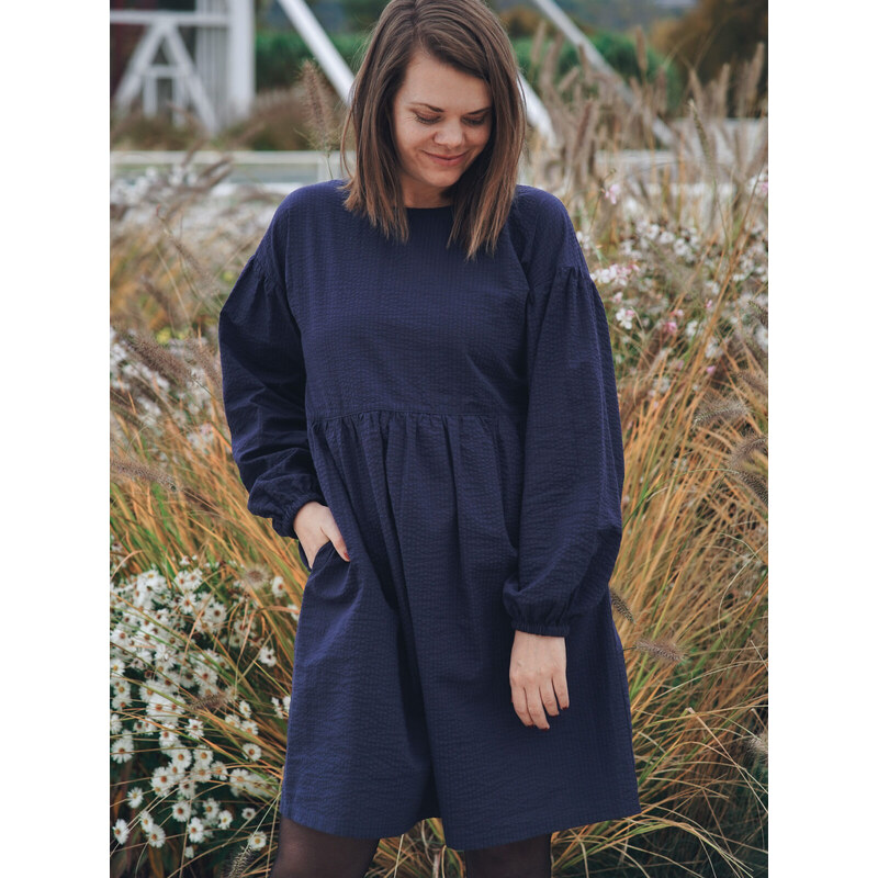 MINILE Šaty Simple Puff Seersucker Dark Blue - L