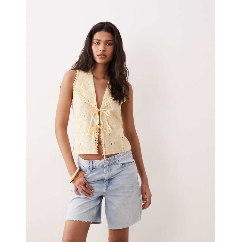 Miss Selfridge embroidered tie front waistcoat in buttermilk-Yellow 114540846