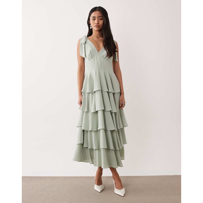Pretty Lavish Florie tie shoulder ruffle midaxi dress in sage green 114529024
