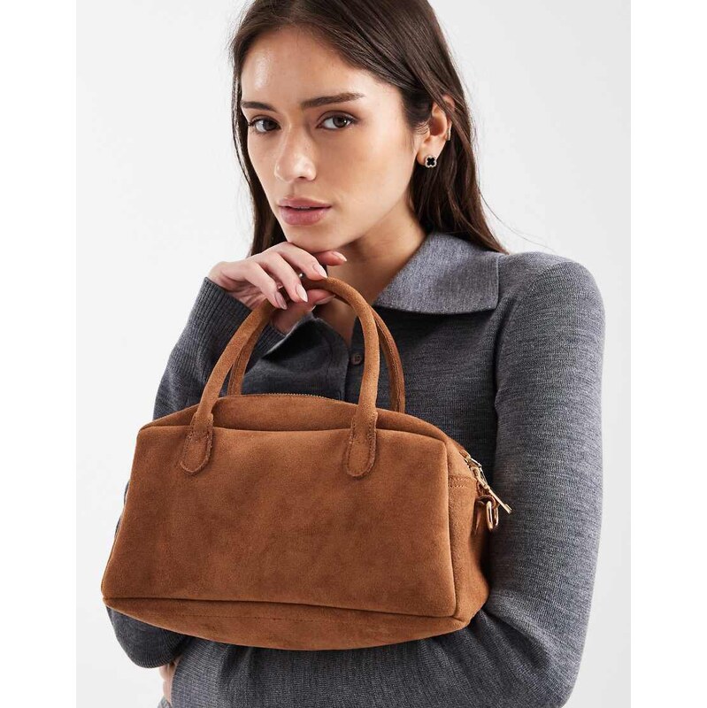 PASQ small suede bowling bag with crossbody strap in tan-Brown 114543927
