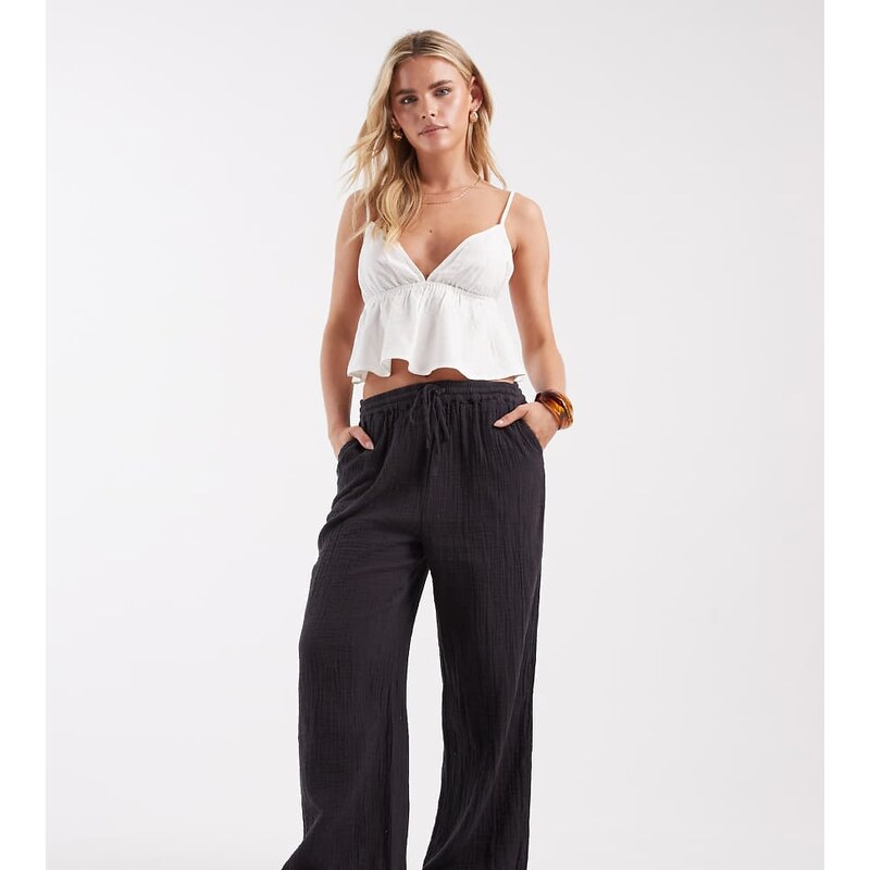 ONLY Petite cheesecloth wide leg trouser in charcoal-Grey