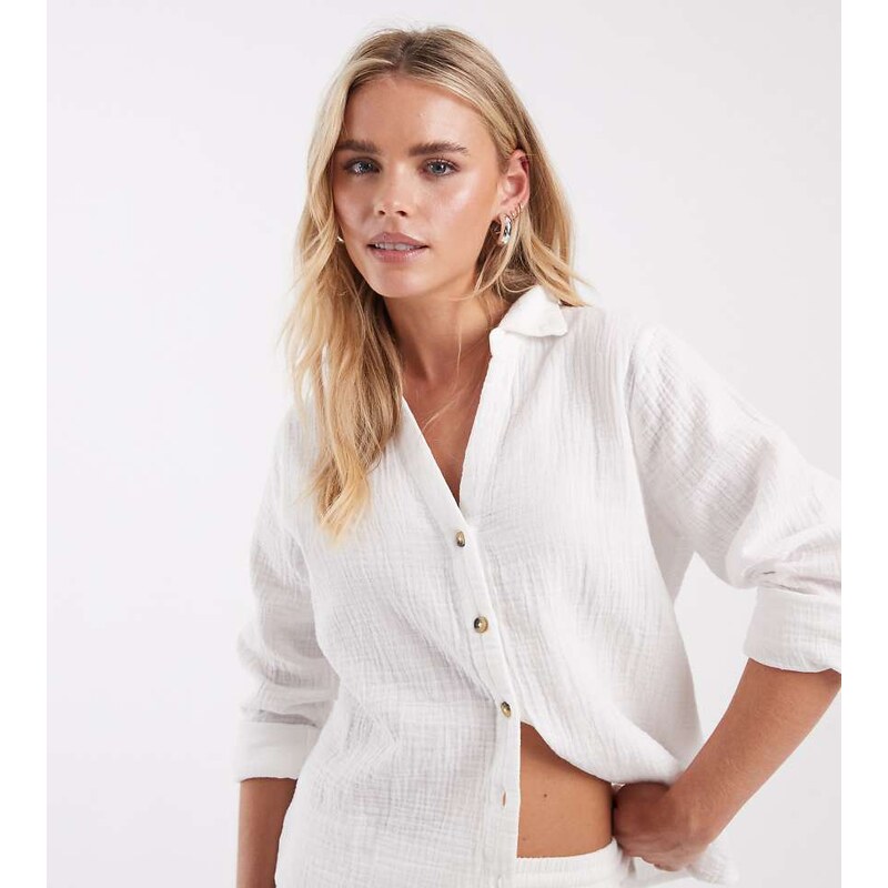 ONLY Petite long sleeve cheesecloth shirt co-ord in white