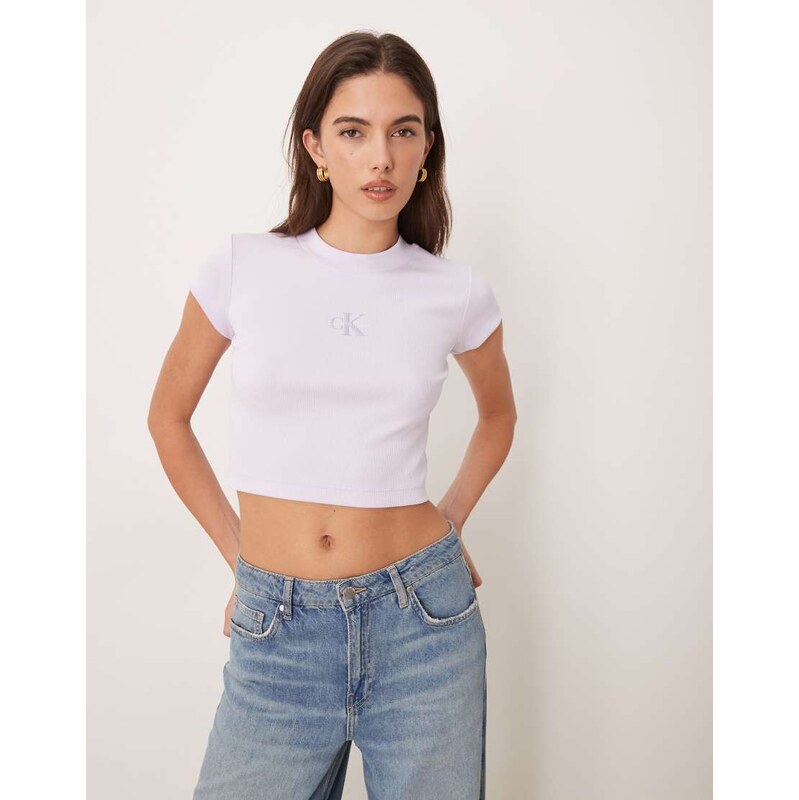 Calvin Klein Jeans Monologo rib baby tee in lilac-Purple