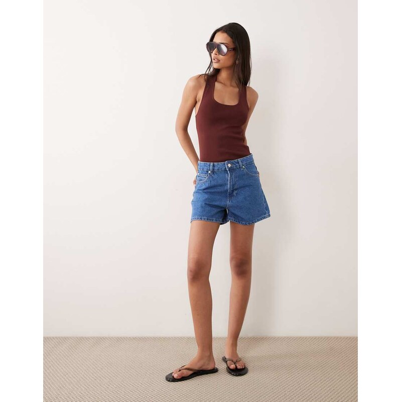 ASOS DESIGN high waist denim shorts in mid blue