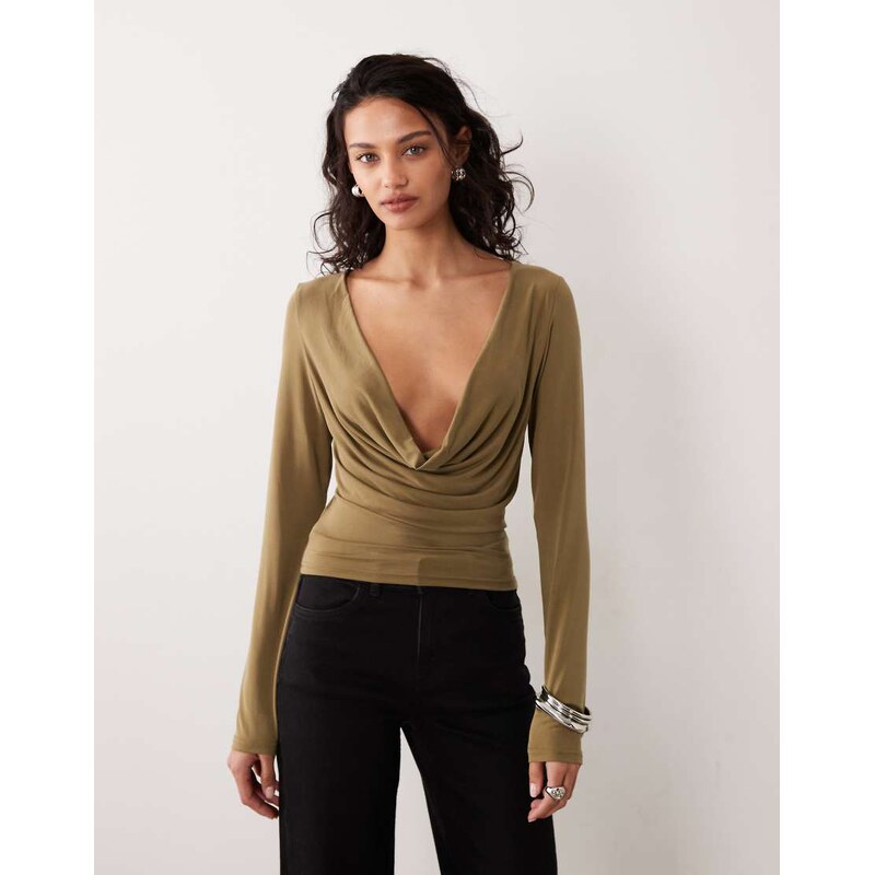 Motel Adaya long sleeve cowl neck cupro top in olive green 114534947