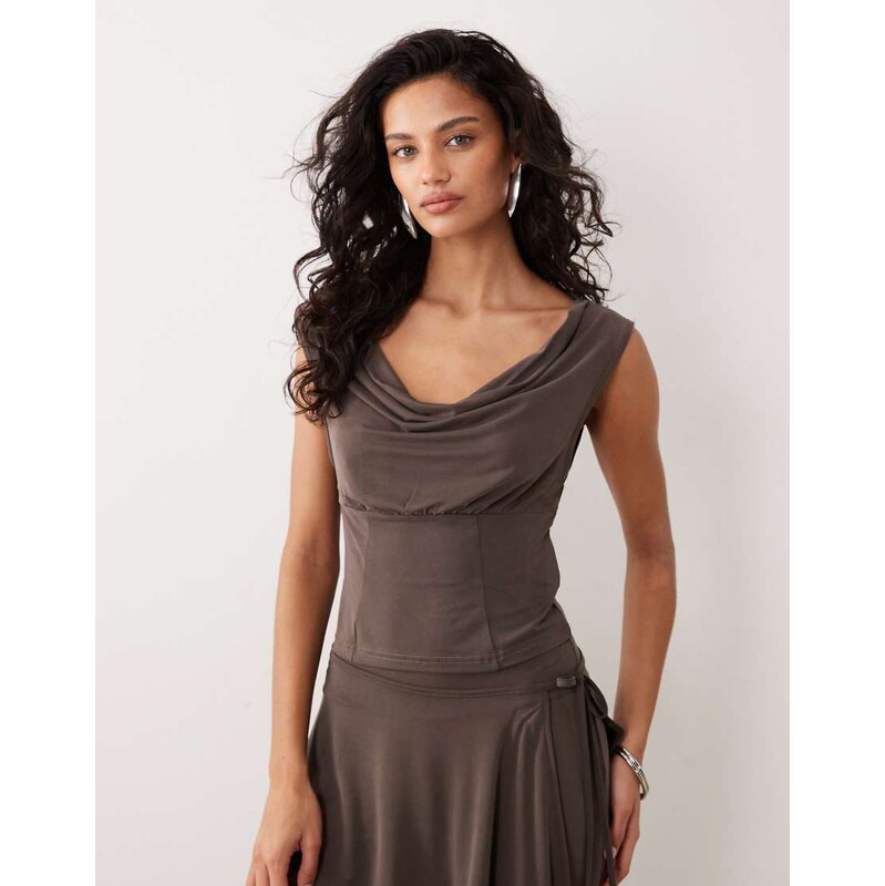 Motel co-ord Wiyana cowl neck cupro top in dark brown
