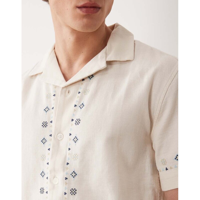 Abercrombie & Fitch cotton linen mix embroidered pattern short sleeve shirt in cream-White