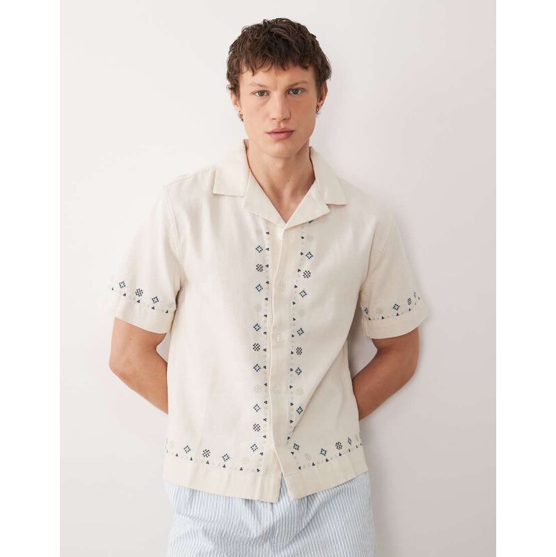 Abercrombie & Fitch cotton linen mix embroidered pattern short sleeve shirt in cream-White
