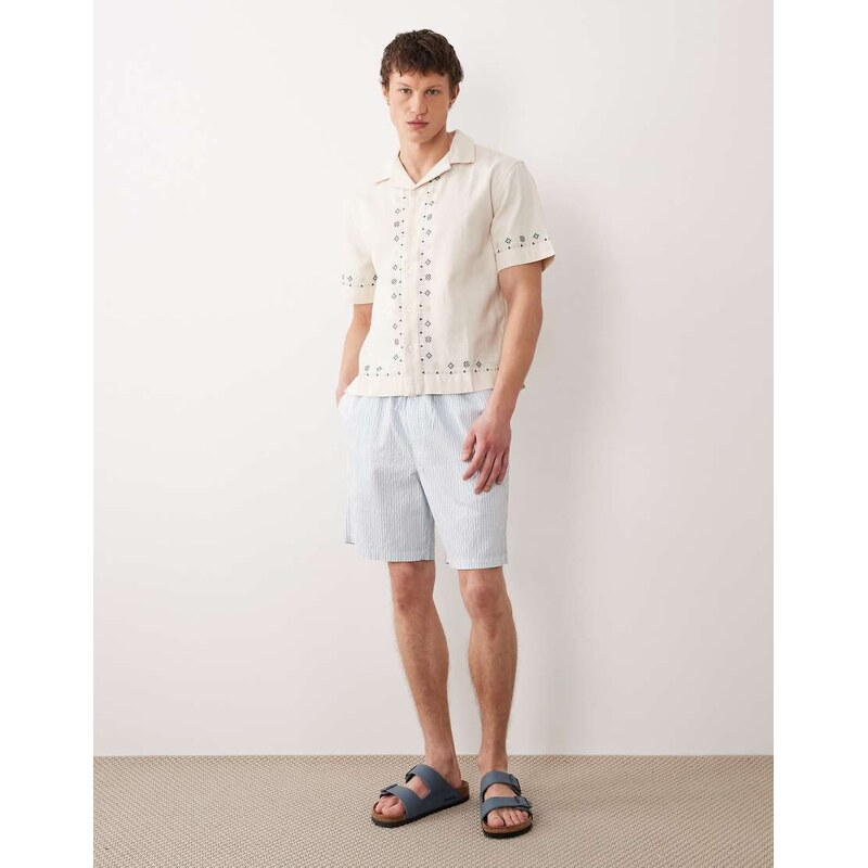 Abercrombie & Fitch cotton linen mix embroidered pattern short sleeve shirt in cream-White