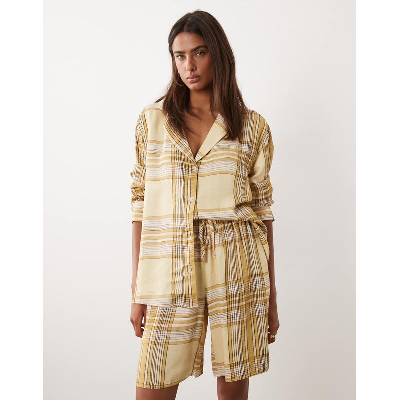 ASOS DESIGN satin city short in yellow check co ord-Multi