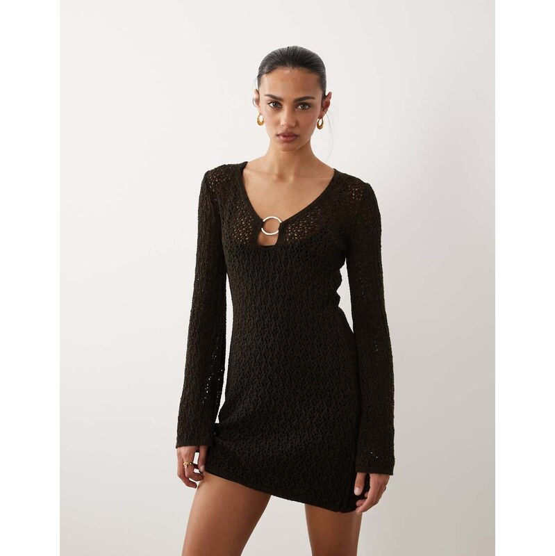 New Look ring detail crochet kaftan in brown
