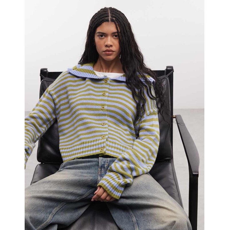 The Ragged Priest darling sailor collar cardigan in green blue stripe 114534966