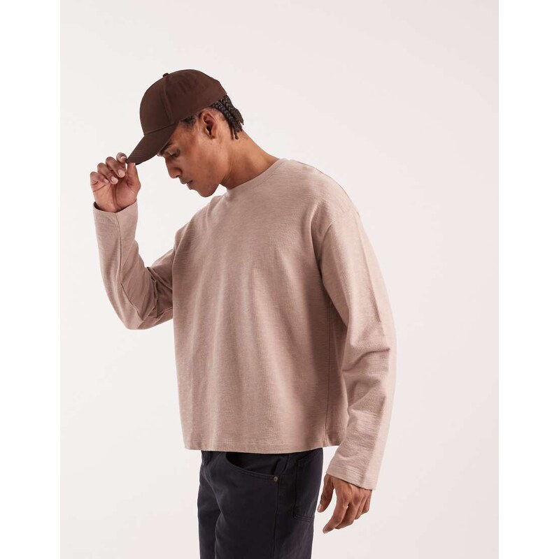 ASOS DESIGN oversized boxy long sleeve t-shirt in beige slub