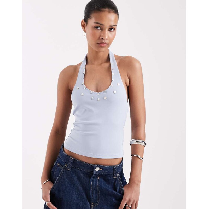 Motel Amita button ribbed knit halter top in ditsy blue