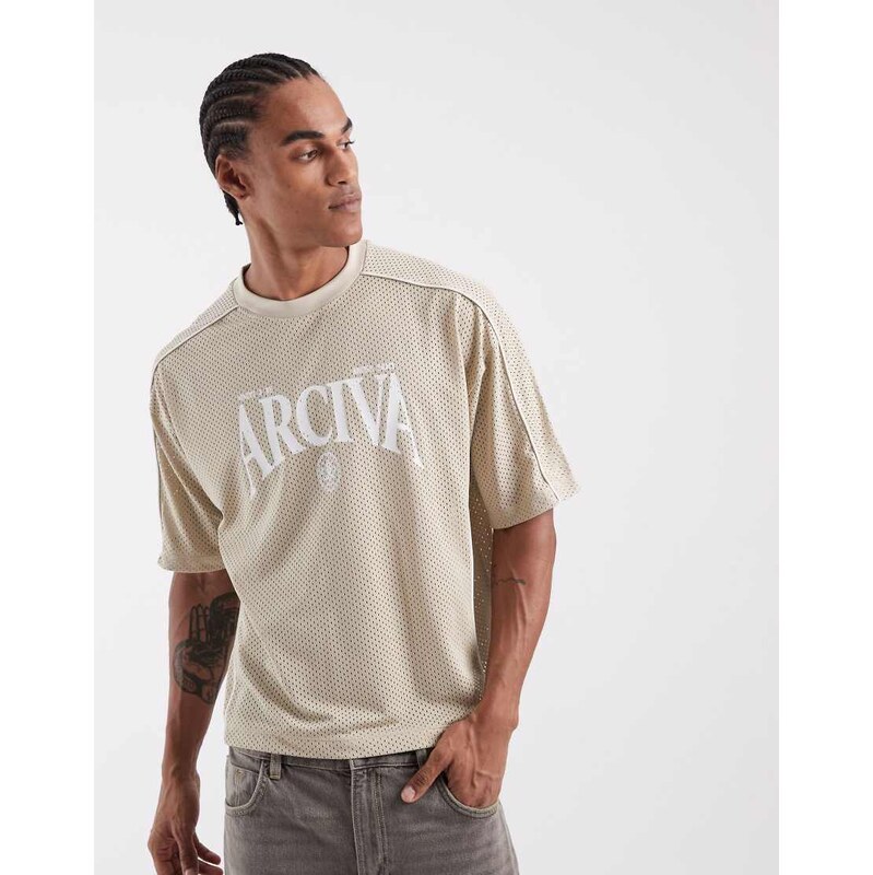 ASOS DESIGN boxy oversized t-shirt with text graphic in beige
