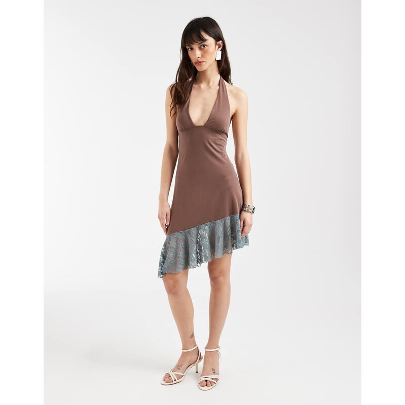 Motel Sanaya lace panelled aysmetric halter dress in brown