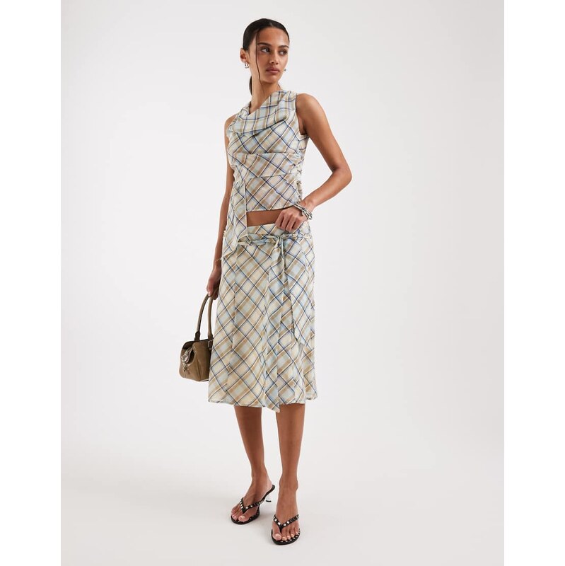 Motel co-ord Kamili midi skirt in vintage blue check