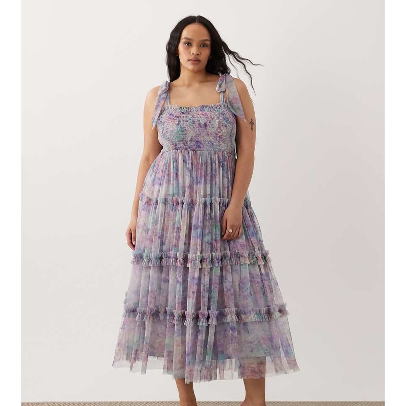 Lace & Beads Plus bow shoulder shirred ruffle midi dress in