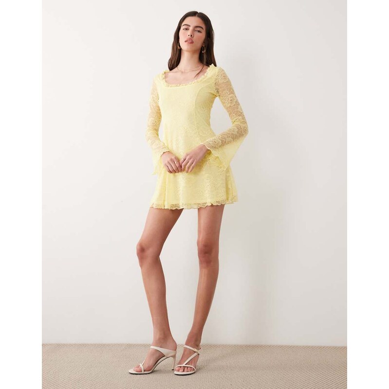 Miss Selfridge fit and flare lace mini dress in lemon yellow