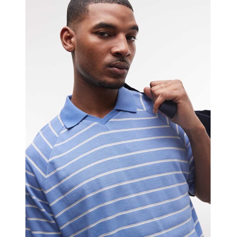 ASOS DESIGN boxy oversized polo in blue and white striped
