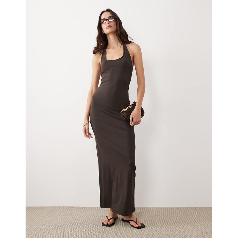 ASOS DESIGN halter neck maxi dress in chocolate-Brown