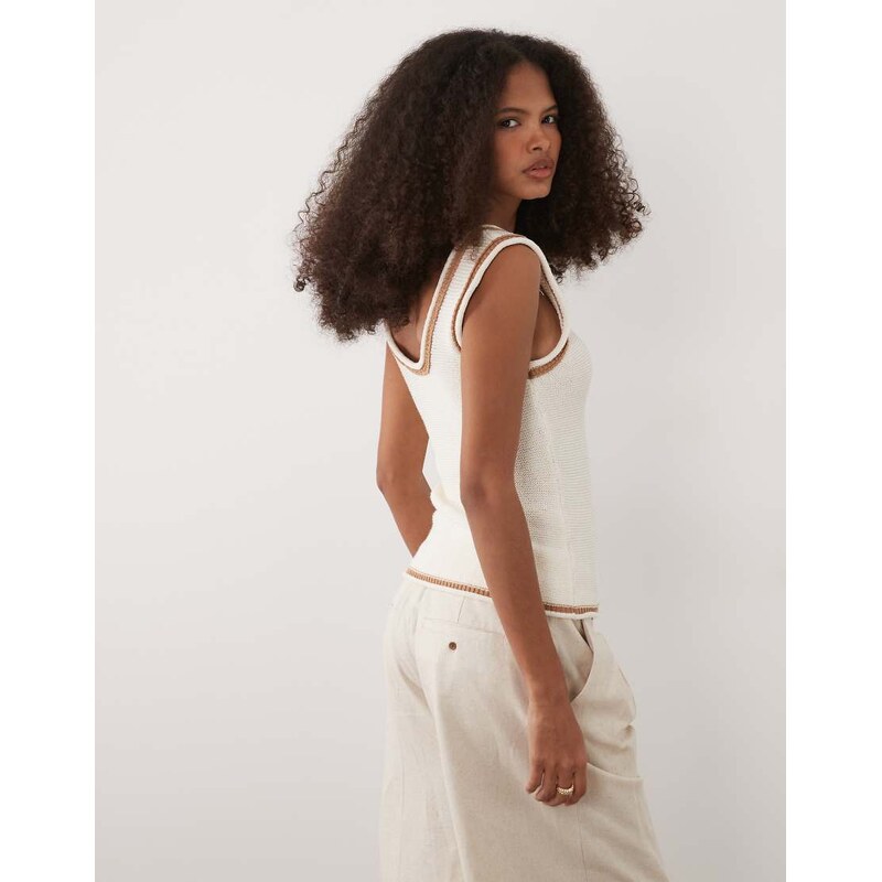 ASOS DESIGN knitted cami top with contrast tipping in ecru-Multi