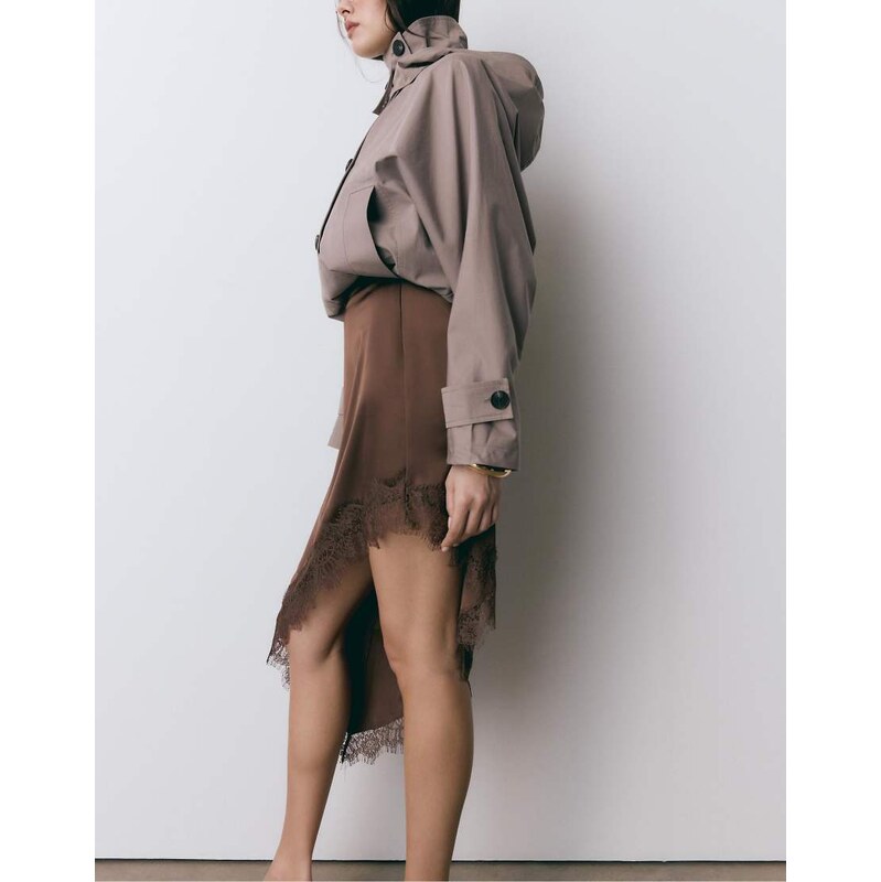 Stradivarius Satin asymmetric skirt in brown 114535018