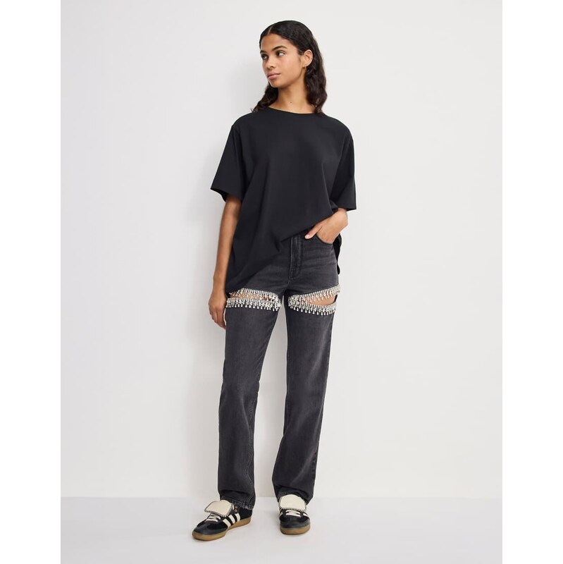 Good American good icon embellished straight leg jeans in black