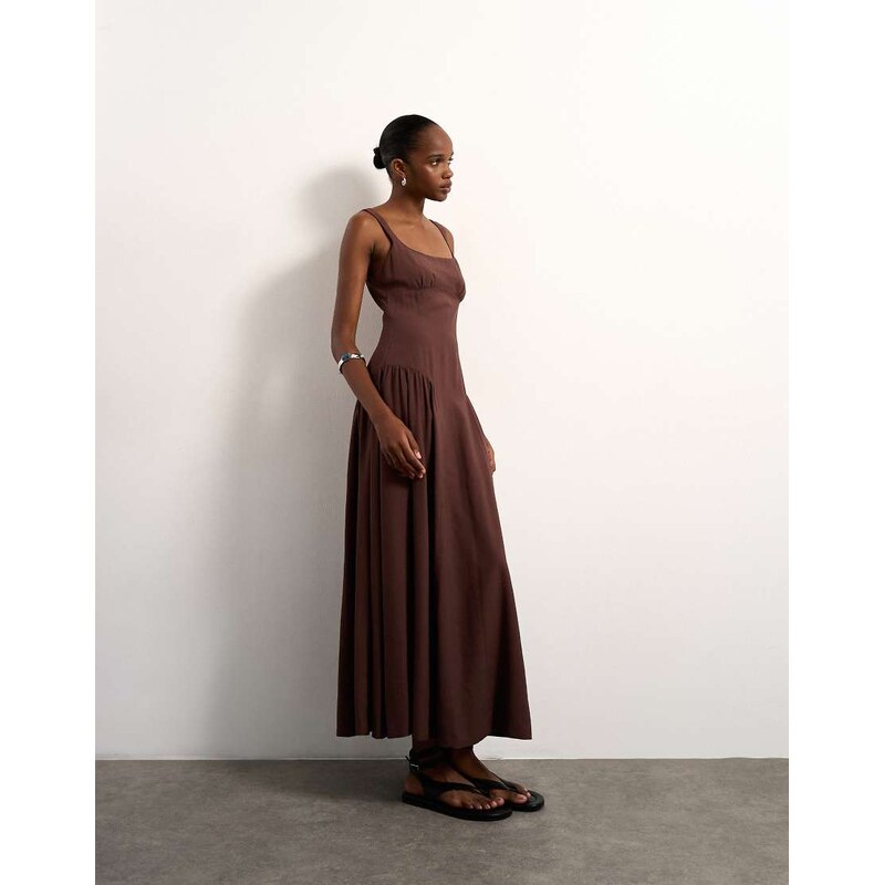 Topshop dropped waist maxi sundress in chocolate-Brown