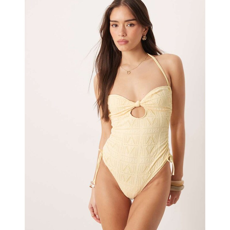 ASOS DESIGN Kyle broderie cut out swimsuit in buttermilk-Yellow 115518246