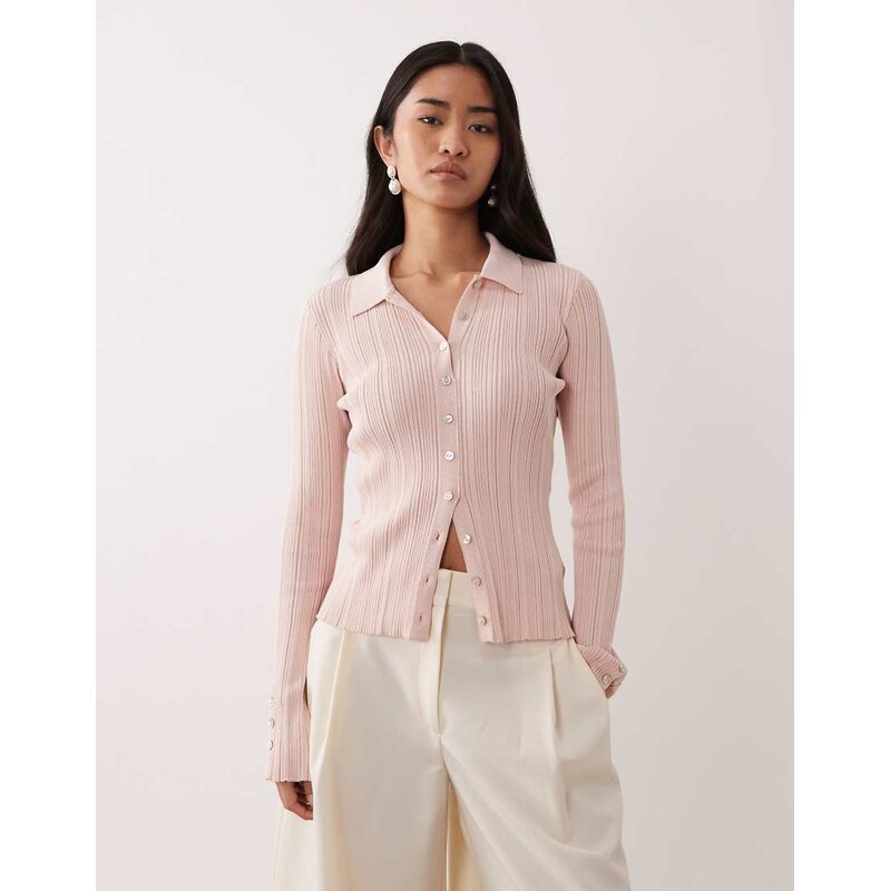 Pretty Lavish button down long sleeve ribbed top in blush-Pink 114540887