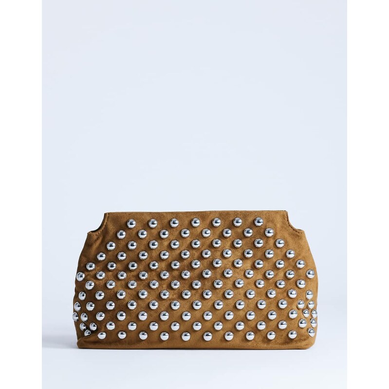 Topshop Gideon studded clutch bag in tan-Brown 114540889