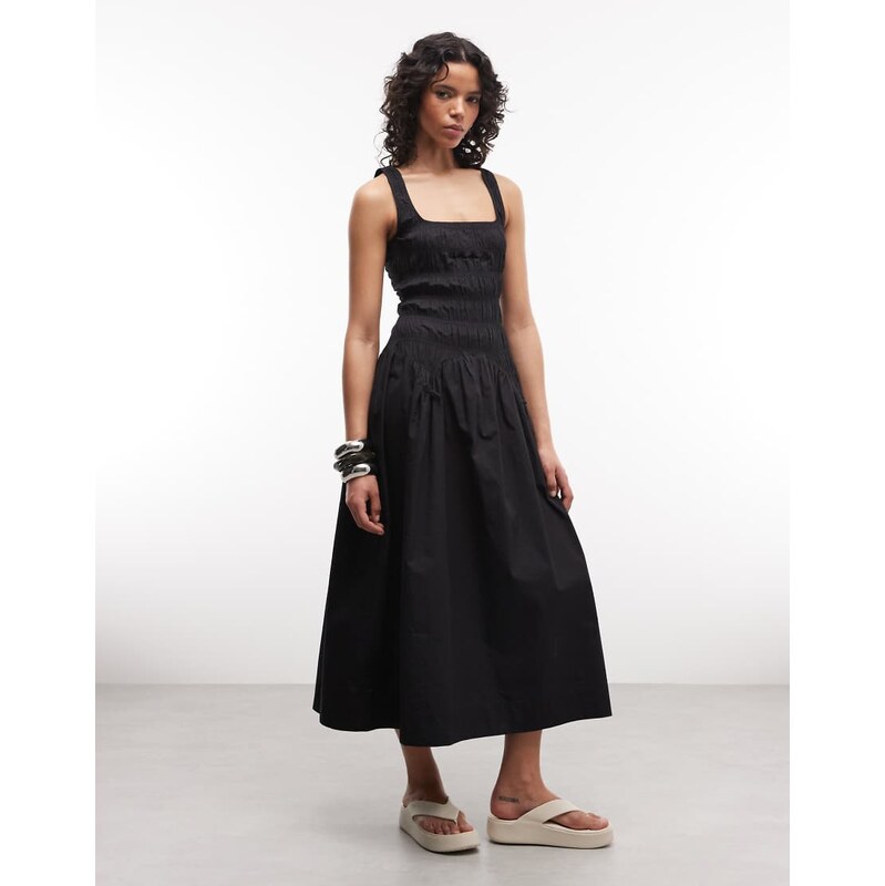 COLLUSION square neck blend shirred midi dress in black