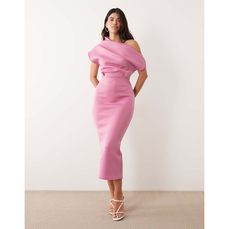 ASOS DESIGN dramatic neckline midi dress in rose scuba-style