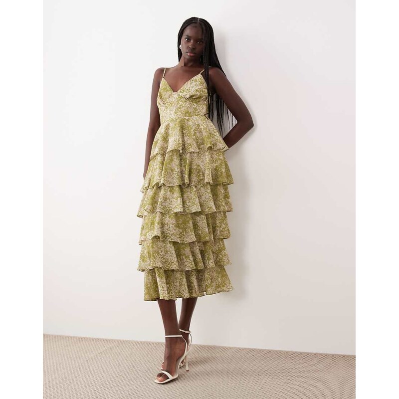 Pretty Lavish tiered ruffle midaxi dress in green abstract print 115056786