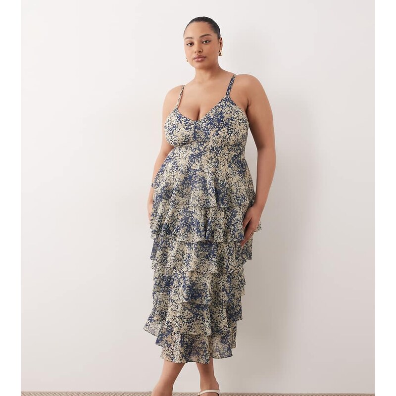 Pretty Lavish Curve ruffle midaxi dress in navy abstract print 114540910
