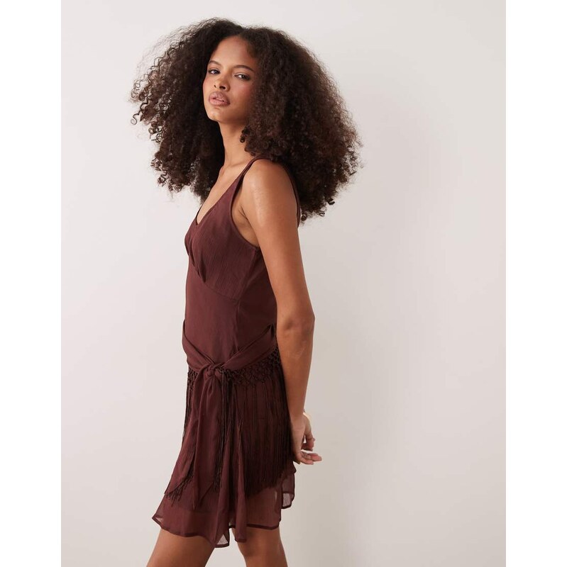 ASOS DESIGN chiffon draped fringe detail mini dress in chocolate