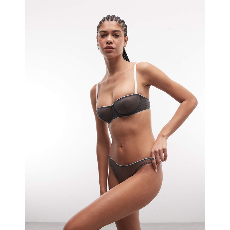 ASOS DESIGN Emilia sheer mesh brazilian with contrast trim in grey 114540921