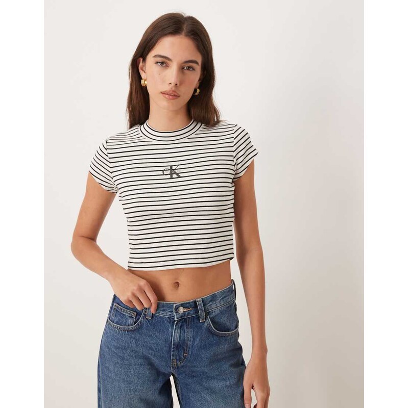 Calvin Klein Jeans Monologo high neck rib baby tee in black and