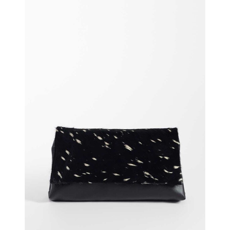 ASOS DESIGN Hair on Real Leather flap clutch bag in deer print-Multi 114540949