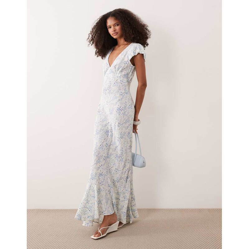 ASOS DESIGN puff sleeve v neck maxi tea dress in blue floral