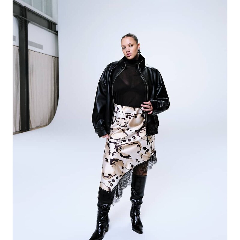 ASOS Curve ASOS DESIGN Curve satin asymmetric lace trim skirt in 115119431