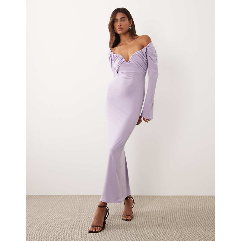 ASOS DESIGN slinky bardot midi dress with wired bust in lilac