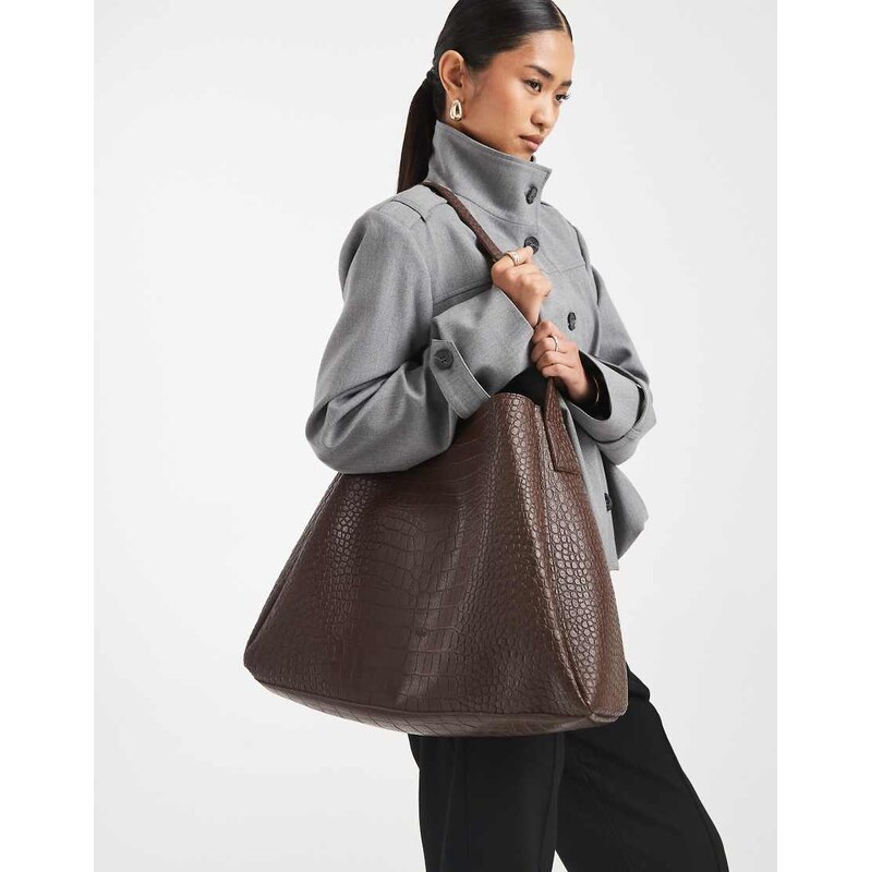 PASQ single shoulder strap tote bag in brown croc 114540972