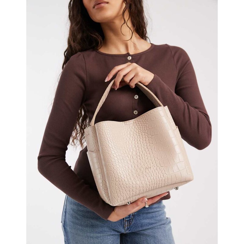 PASQ grab bucket bag with crossbody strap in beige croc-Grey 114540968