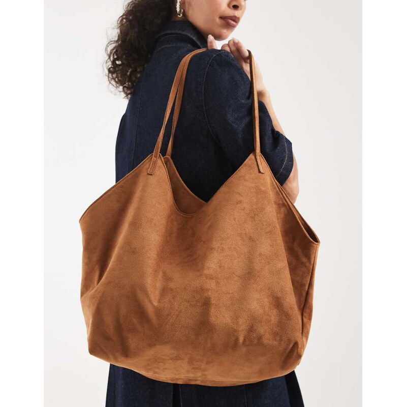 PASQ faux suede twin strap v detail tote bag in tan-Brown