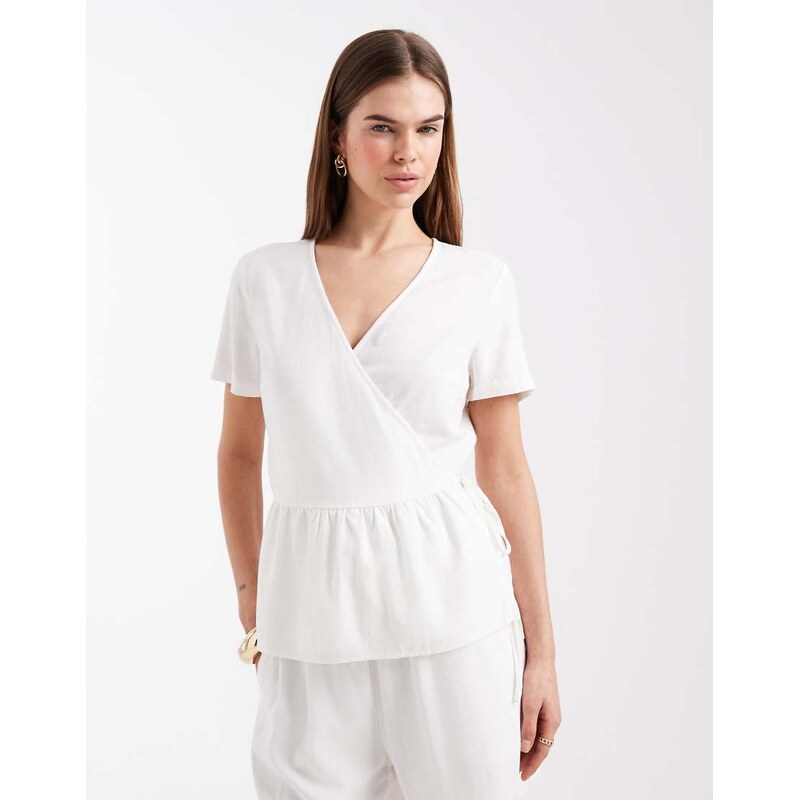 Vero Moda linen touch short sleeve wrap top co-ord in white 115521413