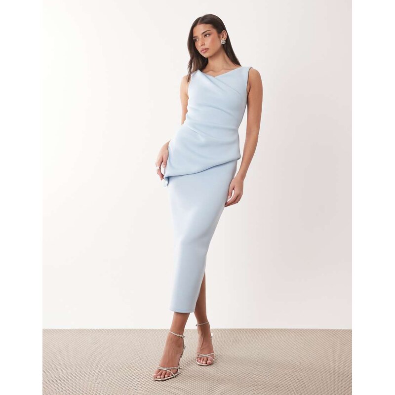 ASOS DESIGN drape asymmetric midi dress in light blue scuba