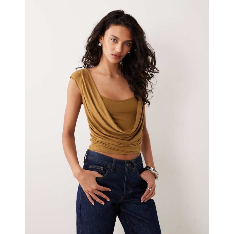 Motel Rinsha cowl neck cupro top in chartreuse-Brown
