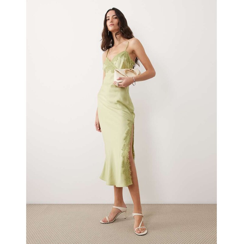 New Look lace trim slip midi dress in light green